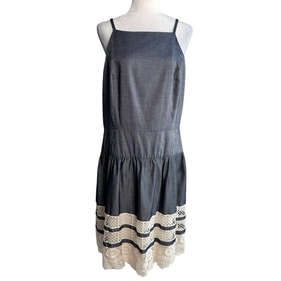 Ann Taylor Tiered Cream Lace Hem Chambray Sleeveless Dress Women's Size 14 - Picture 2 of 9